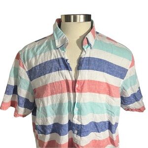 Club Room Linen Men Multicolor Striped Short Sleeve Button Front Shirt Sz XXL